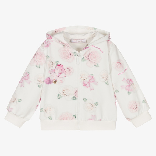 Monnalisa-White Roses Zip-Up Hooded Top | Childrensalon Outlet