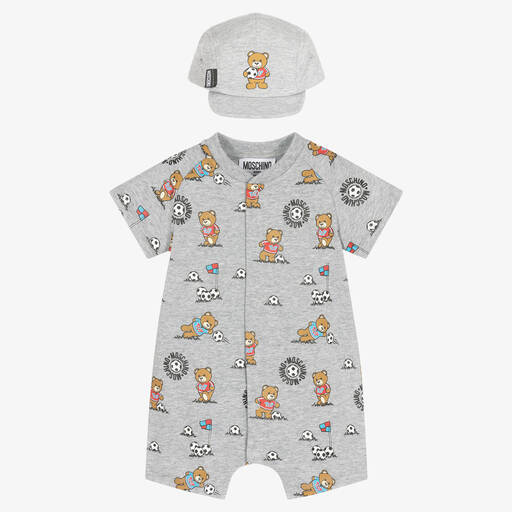 Moschino Baby-Barboteuse et bonnet gris à ours | Childrensalon Outlet