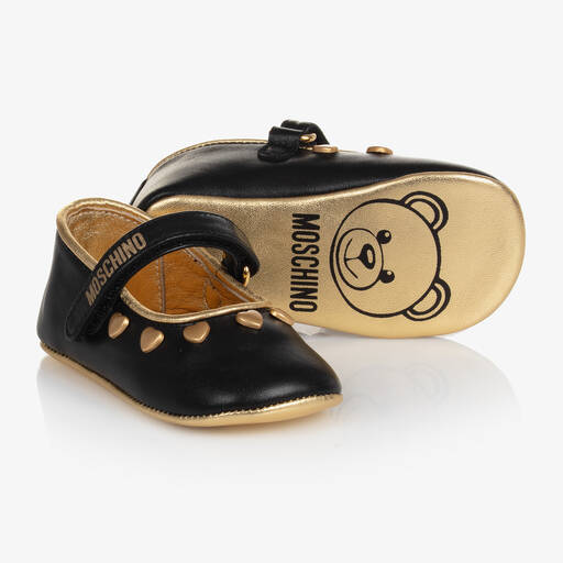 Moschino Kid-Teen-Черные кожаные пинетки для малышек | Childrensalon Outlet
