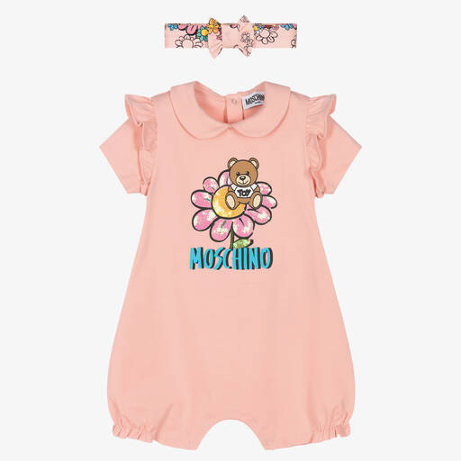 Moschino Baby-Розовый комбинезон с медвежонком и повязка на голову | Childrensalon Outlet