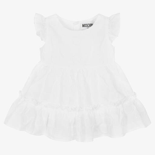 Moschino Baby-Baby Girls White Embroidered Cotton Dress | Childrensalon Outlet
