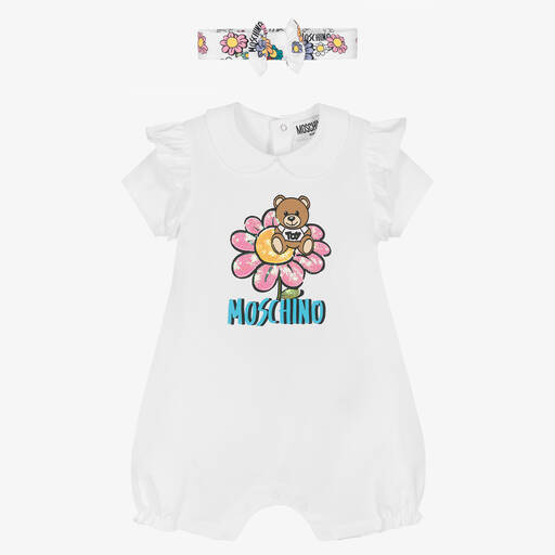 Moschino Baby-Белый комбинезон с медвежонком и повязка на голову | Childrensalon Outlet