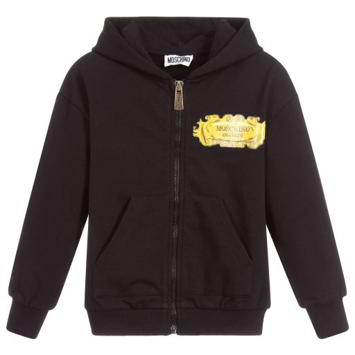 Moschino Kid-Teen-Black Cotton Zip-Up Logo Top | Childrensalon Outlet