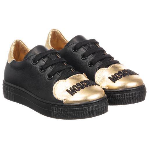 Moschino Kid-Teen-Black & Gold Leather Trainers | Childrensalon Outlet