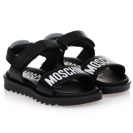 Moschino Kid-Teen-Black Leather Logo Sandals | Childrensalon Outlet