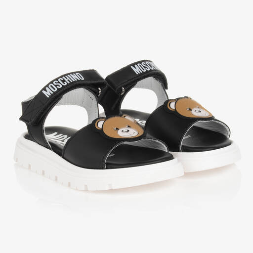 Moschino Кид-Тин-Черные кожаные сандалии с медвежатами | Childrensalon Outlet
