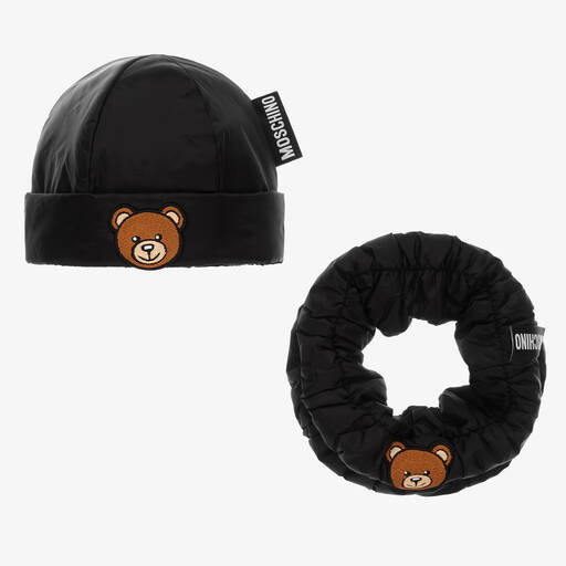 Moschino Kid-Teen-Bonnet et snood noirs à logo | Childrensalon Outlet