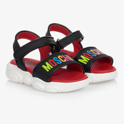 Moschino Kid-Teen-Black & Multi Logo Sandals | Childrensalon Outlet