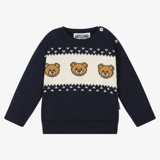 Moschino Baby-Pull bleu coton et laine Teddy Bear | Childrensalon Outlet