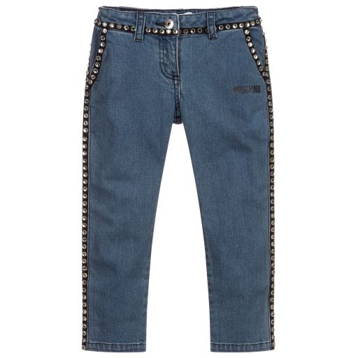 Moschino Kid-Teen-Blue Rhinestone Logo Jeans | Childrensalon Outlet
