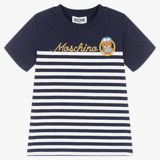 Moschino Kid-Teen-Blue & White Striped Cotton T-Shirt | Childrensalon Outlet