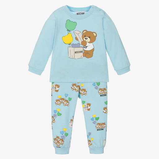 Moschino Baby-Boys Blue Cotton Teddy Bear Trouser Set | Childrensalon Outlet