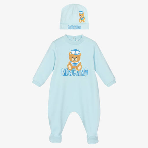 Moschino Baby-طقم قبعة وبيبي غرو قطن بيكيه لون أزرق للمواليد | Childrensalon Outlet