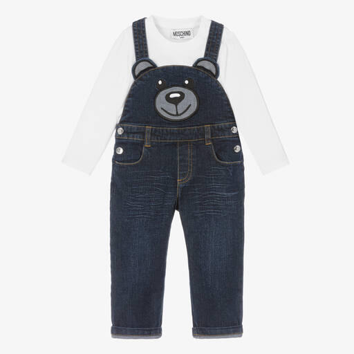 Moschino Baby-Blaues Teddy-Jeans-Latzhosen-Set | Childrensalon Outlet