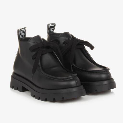 Moschino-بوت موكاسين جلد لون أسود للأولاد | Childrensalon Outlet