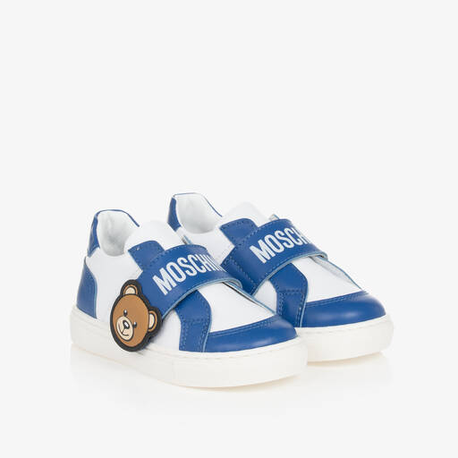 Moschino Kid-Teen-Boys White & Blue Leather Bear Trainers | Childrensalon Outlet