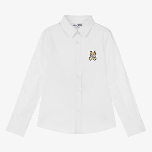 Moschino Kid-Teen-قميص قطن أبيض بطبعة تيدي بير للأولاد  | Childrensalon Outlet