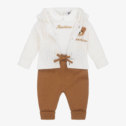 Moschino Baby-Brown & Ivory Knitted Baby Trouser Set | Childrensalon Outlet