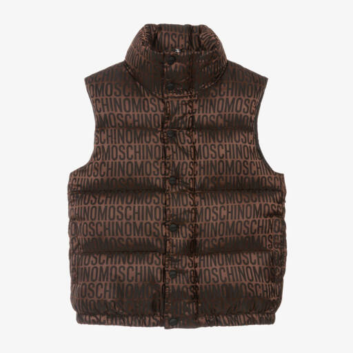 Moschino Kid-Teen-Brown Satin Logo Print Puffer Gilet | Childrensalon Outlet