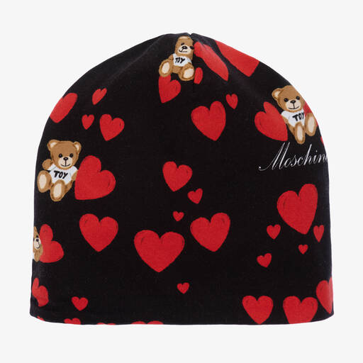 Moschino Кид-Тин-Черная хлопковая шапочка с сердечками и медвежатами | Childrensalon Outlet