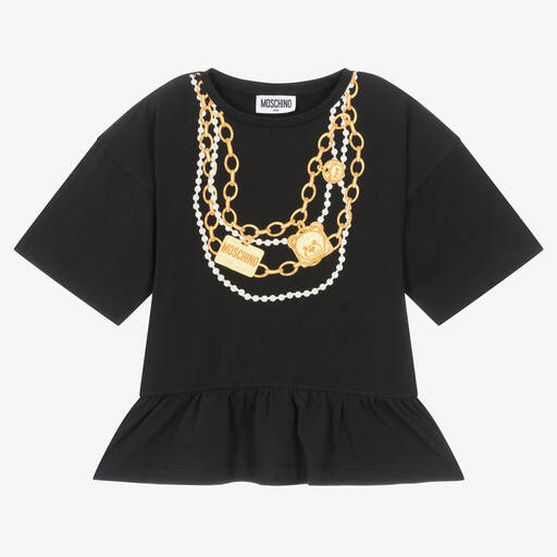 Moschino Kid-Teen-Girls Black Cotton Necklace T-Shirt | Childrensalon Outlet