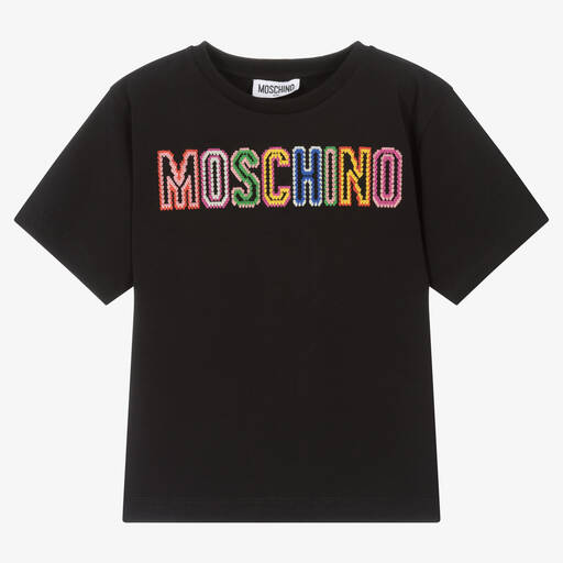 Moschino Kid-Teen-Girls Black Embroidered Logo T-Shirt | Childrensalon Outlet