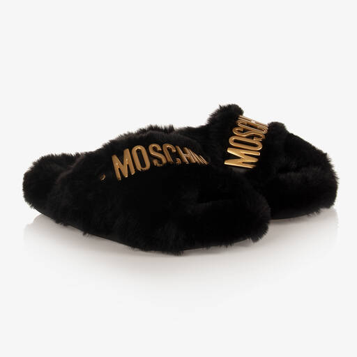 Moschino Kid-Teen-Girls Black Faux Fur Slippers | Childrensalon Outlet