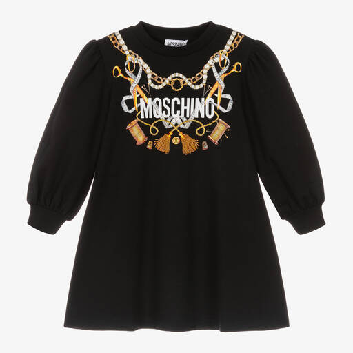 Moschino Kid-Teen-Girls Black & Gold Cotton Jersey Dress | Childrensalon Outlet