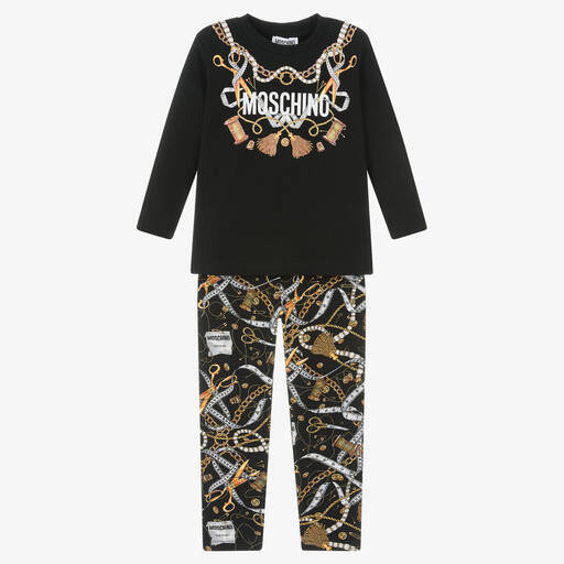 Moschino Kid-Teen-طقم ليقنز  قطن جيرسي لون أسود وذهبي للبنات | Childrensalon Outlet