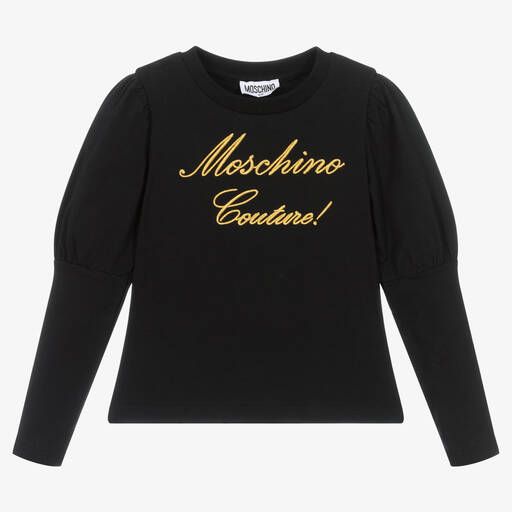 Moschino Kid-Teen-Girls Black & Gold Logo Cotton Top | Childrensalon Outlet