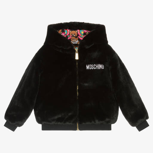 Moschino Kid-Teen-Girls Black Logo Faux Fur Hooded Jacket | Childrensalon Outlet