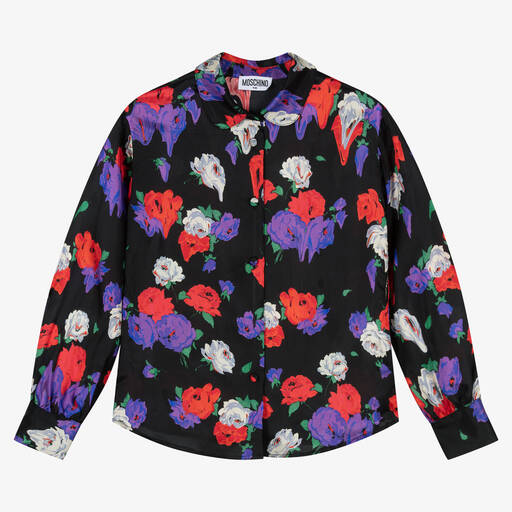 Moschino Kid-Teen-Blouse noire en viscose à roses | Childrensalon Outlet