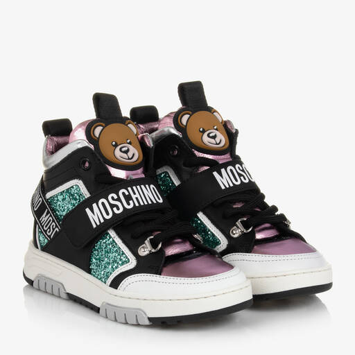 Moschino Kid-Teen-Girls Black & Pink Glitter Leather Trainers | Childrensalon Outlet