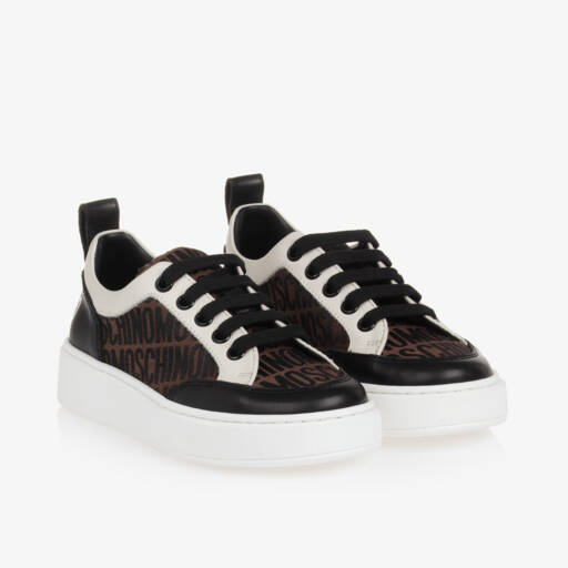 Moschino-حذاء رياضي جلد وجاكار لون بني وأسود برباط للأولاد | Childrensalon Outlet