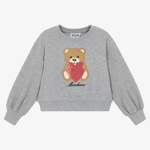 Moschino Kid-Teen-Girls Grey Cotton Heart Teddy Sweatshirt | Childrensalon Outlet