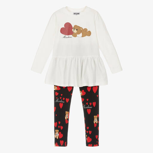 Moschino Kid-Teen-طقم ليقنز  قطن جيرسي لون عاجي وأسود للبنات | Childrensalon Outlet
