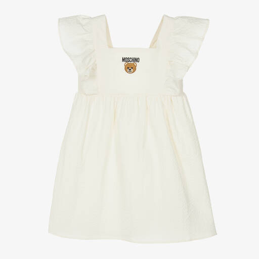 Moschino Kid-Teen-Girls Ivory Cotton Seersucker Logo Dress | Childrensalon Outlet