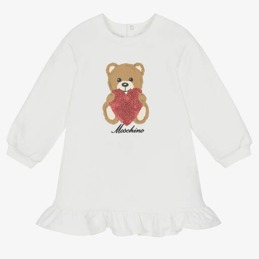 Moschino Baby-Girls Ivory Cotton Teddy Bear Heart Dress | Childrensalon Outlet