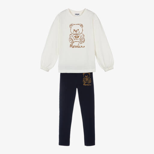 Moschino Kid-Teen-طقم ليقنز تيدي بير قطن لون أزرق وعاجي للبنات | Childrensalon Outlet