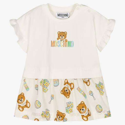 Moschino Baby-Girls Ivory Teddy Bear Cotton Dress | Childrensalon Outlet