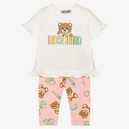 Moschino Baby-طقم ليغنغز قطن جيرسي لون عاجي وزهري | Childrensalon Outlet