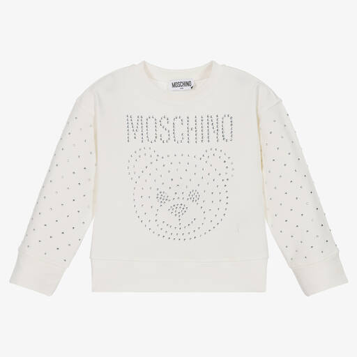Moschino Kid-Teen-Girls Ivory Teddy Logo Rhinestone Sweatshirt | Childrensalon Outlet