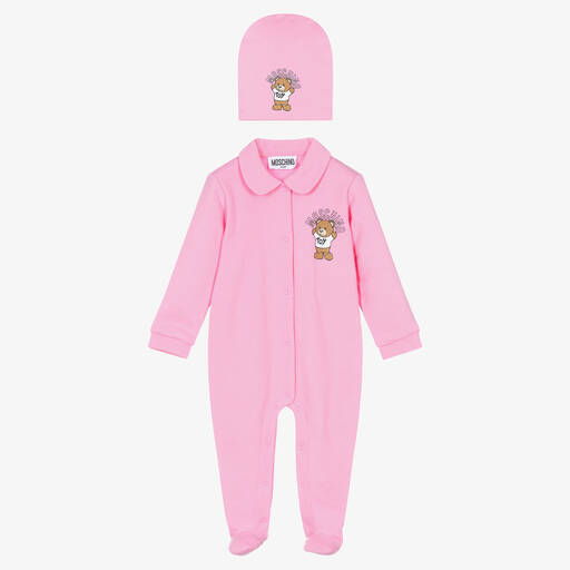 Moschino Baby-Girls Pink Cotton Babygrow & Hat Set | Childrensalon Outlet