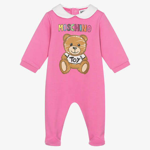 Moschino Baby-Girls Pink Cotton Teddy Bear Babygrow | Childrensalon Outlet