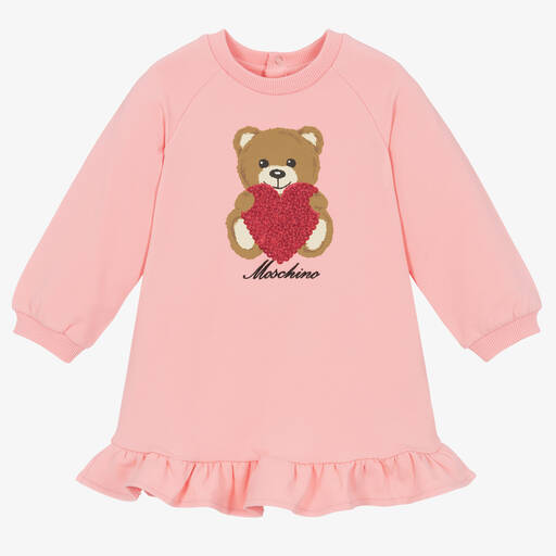 Moschino Baby-Girls Pink Cotton Teddy Bear Heart Dress | Childrensalon Outlet