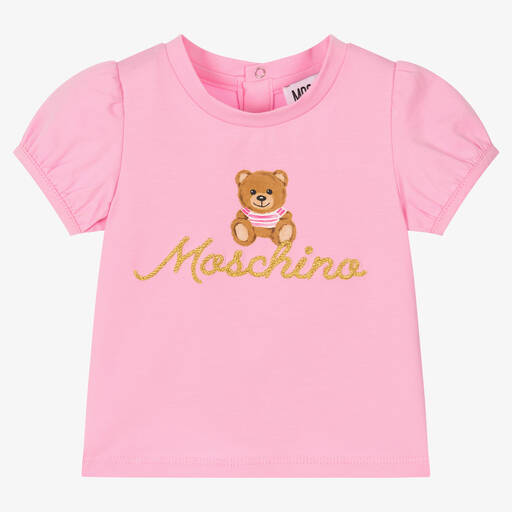 Moschino Baby-Rosa Baumwoll-T-Shirt mit Teddybär | Childrensalon Outlet