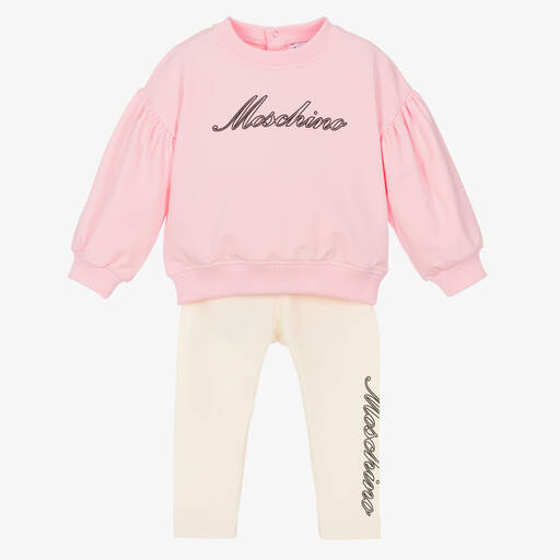 Moschino Baby-طقم ليقنز  قطن جيرسي لون زهري وعاجي للبنات | Childrensalon Outlet