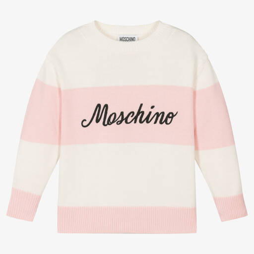 Moschino Kid-Teen-بلوفر مزيج قطن وصوف محبوك مقلم لون زهري وعاجي | Childrensalon Outlet