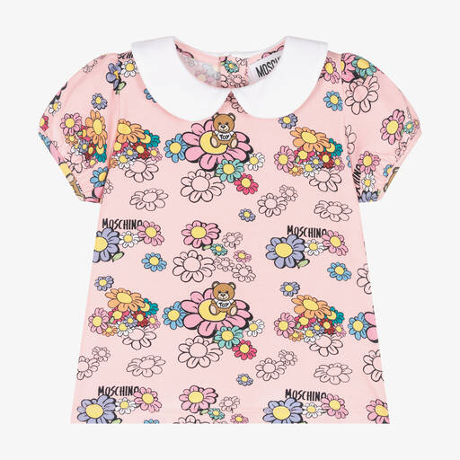 Moschino Baby-Girls Pink Teddy Bear & Flower T-Shirt | Childrensalon Outlet