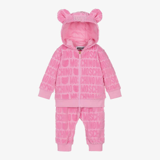 Moschino Baby-Girls Pink Velour Logo Set | Childrensalon Outlet